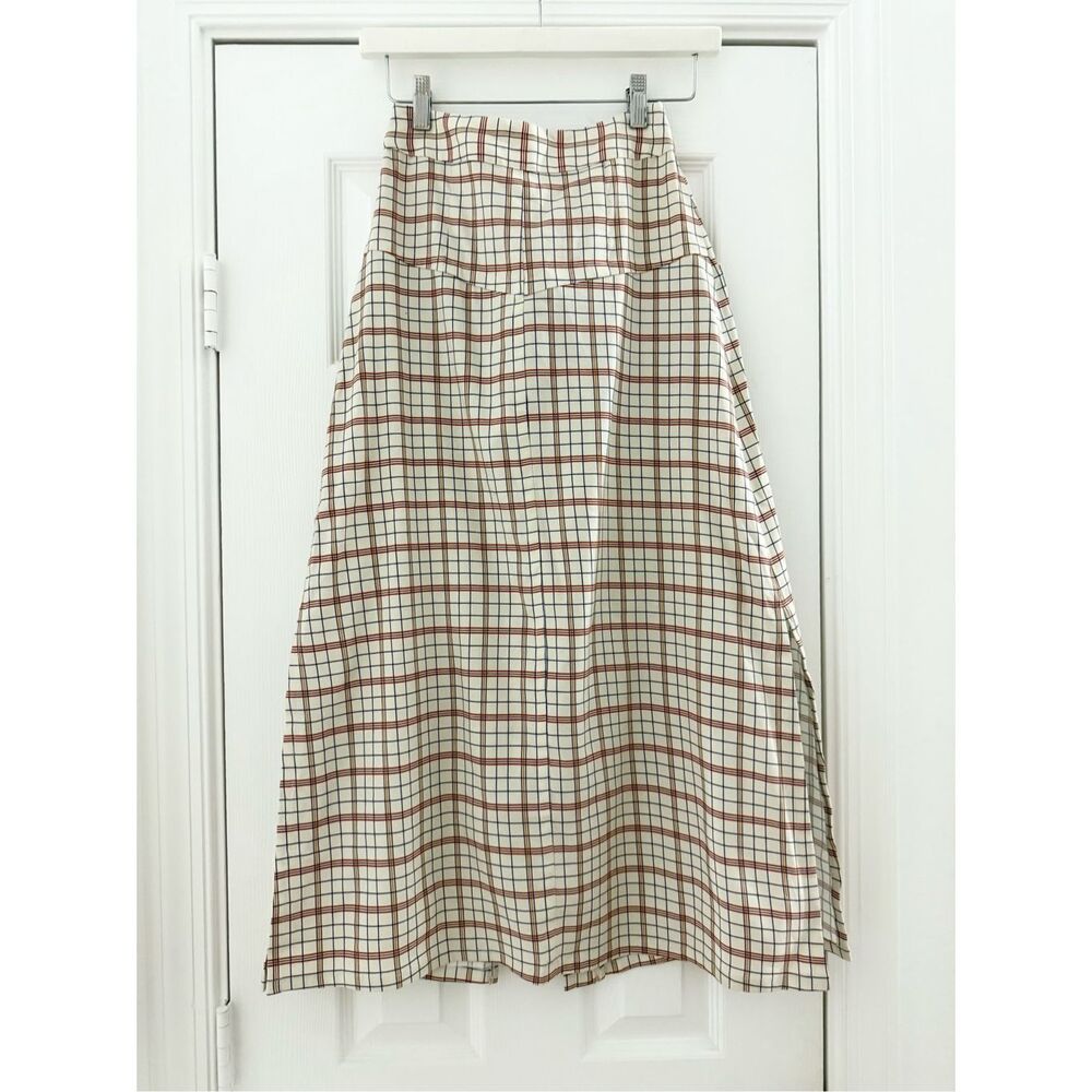 Nicholas Womens Cream Red Relaxed Linen Blend Cargo Plaid Midi Skirt 2 - Picture 2 of 6